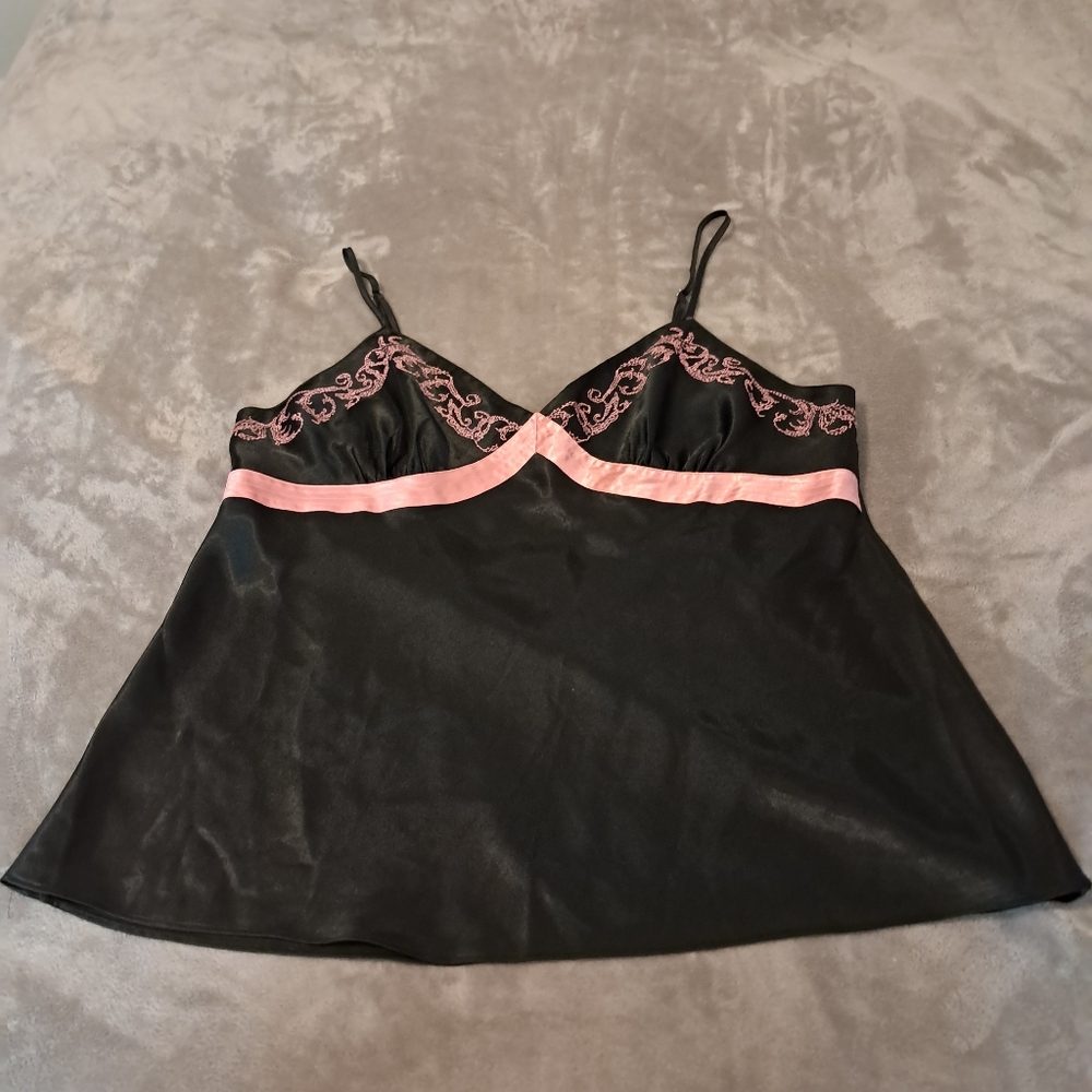 Women's Black Satin Tank Top Pink Detail Y2K Fairy Goth Grunge Morgan Taylor XL.